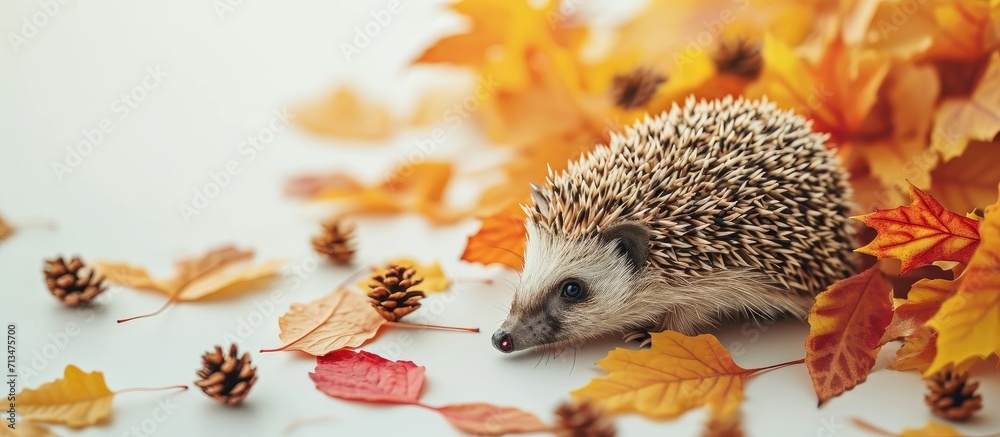 Aufkleber autumn craft paper hedgehog art project for kindergarten kids seasonal activity concept. copy space 