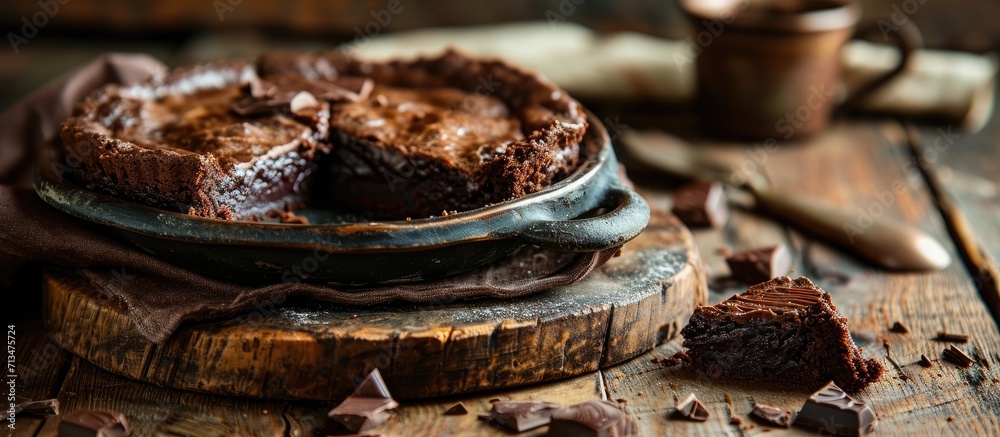 Leinwandbilder baked cake in a ceramic form sprinkled with chocolate slices on a wooden table rural style still lif