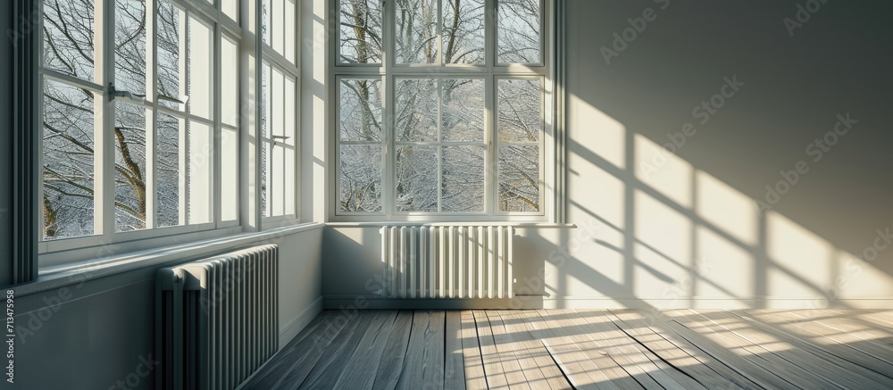 Poster A beautiful image of an empty room window and heating radiator in a white interior design house. Copy space image. Place for adding text or design