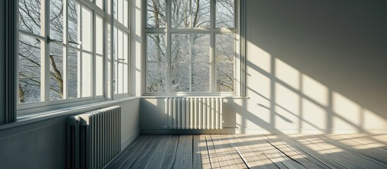 A beautiful image of an empty room window and heating radiator in a white interior design house. Copy space image. Place for adding text or design