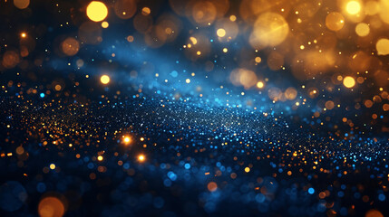 Celebrate in style: Abstract background featuring rich dark blue and shimmering gold particles. Sparkling bokeh with a touch of gold foil texture creates a magical holiday atmosphere.