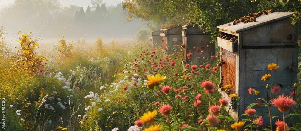 Poster A row of bee hives in a field of flowers with an orchard behind. Copy space image. Place for adding text or design