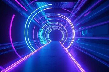 Abstract tunnel background with neon glowing blue and purple lights in a futuristic underground corridor. Generative AI