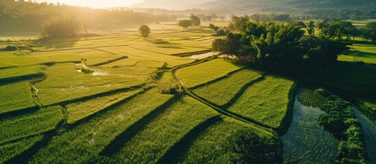 Agriculture drone flying on the green rice fields with morning dew drops. Copy space image. Place for adding text or design - obrazy, fototapety, plakaty