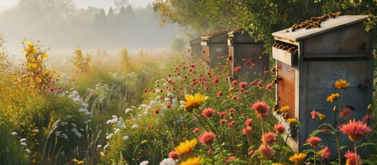 A row of bee hives in a field of flowers with an orchard behind. Copy space image. Place for adding text or design