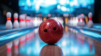 Bowling ball on lane with blurred background