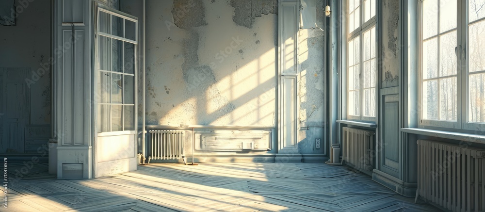Aufkleber A beautiful image of an empty room window and heating radiator in a white interior design house. Copy space image. Place for adding text or design