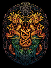 T-shirt design, an intricate Celtic knot pattern, formed by a trio of stylized dragons created with Generative Ai