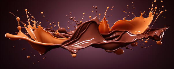 splash of chocolate or cocoa on brown background. Horizontal banner