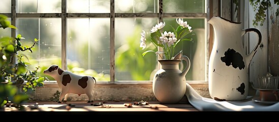 A jug of milk and a toy cow A jug of milk on the windowsill on the balcony A toy cow creates a cheerful mood The funny cow smiles A lot of milk in a big jar Milk for a healthy diet. Copy space image