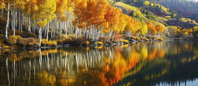 An aspen tree forest in full color is reflected in the calm water of Kolob Reservoir adjacent to Zion National Park Uath. Copy space image. Place for adding text or design