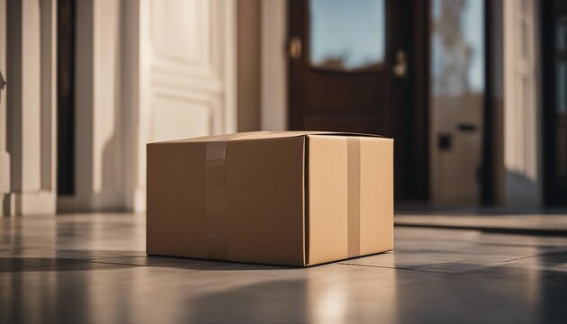 Cardboard parcel box delivered to the front door. Package near front door