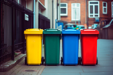 Full dumpsters separate waste, garbage containers standing on the street.  Environmental, Ecology
