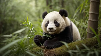 Schilderijen op glas giant panda eating bamboo © Shafiq