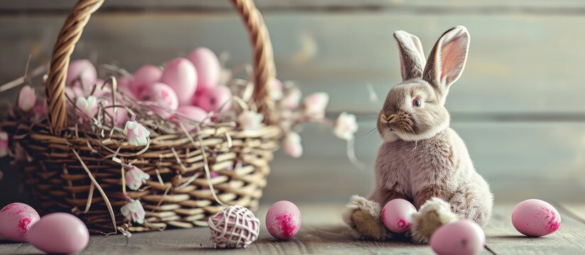a pink stuffed animal Easter bunny with pink decorative eggs in a basket. Copy space image. Place for adding text or design
