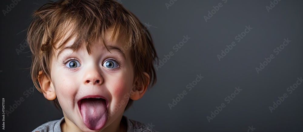 Poster A six year old boy child is being funny and making a bratty face while sticking out his tongue. Copy space image. Place for adding text or design