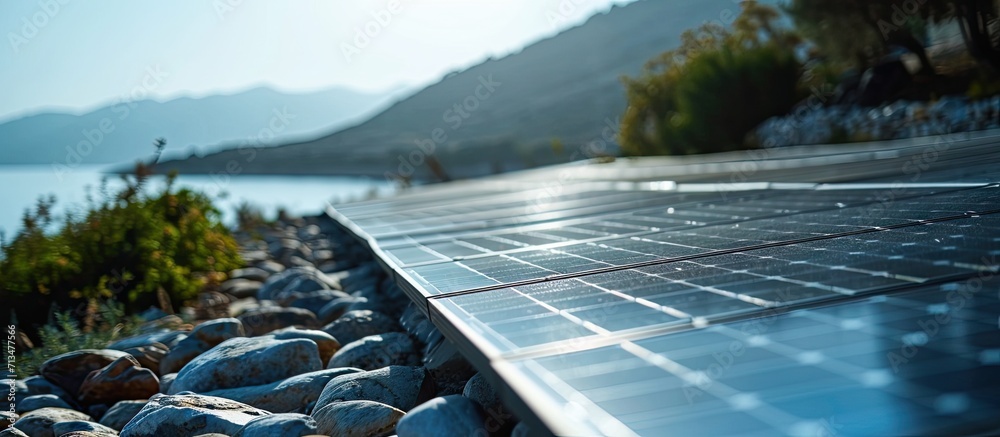 Poster A closeup of a lone solar panel on a roof. Copy space image. Place for adding text or design