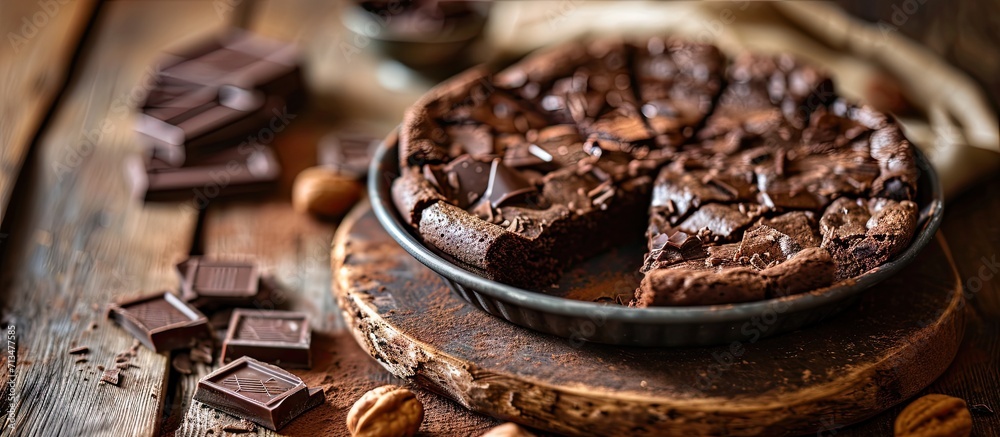 Poster baked cake in a ceramic form sprinkled with chocolate slices on a wooden table rural style still life. Copy space image. Place for adding text or design