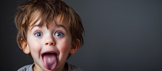 A six year old boy child is being funny and making a bratty face while sticking out his tongue. Copy space image. Place for adding text or design