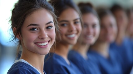 Fototapeta premium Happy young woman with friends in soft focus background