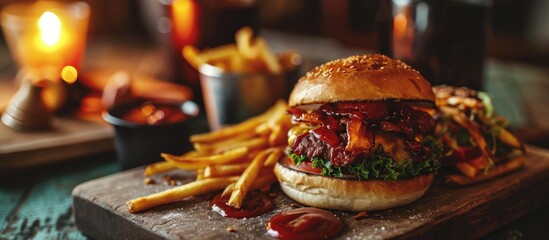 A delicious pub style bacon cheeseburger with barbecue sauce and french fries. Copy space image. Place for adding text or design - obrazy, fototapety, plakaty