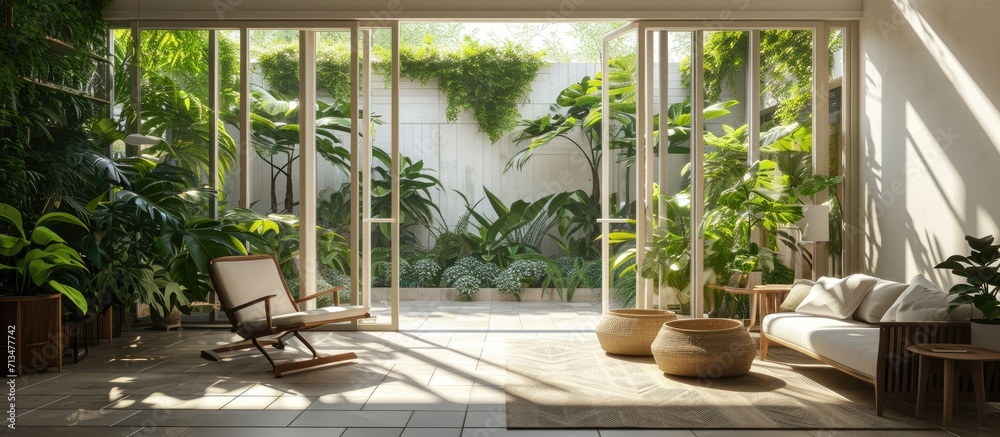 Poster beautiful garden and patio in summer seen from stylish designer room through bifold doors. copy spac
