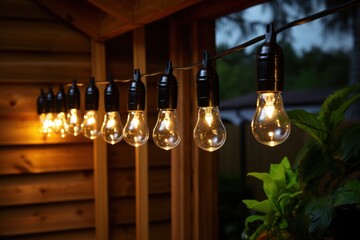  a bunch of light bulbs hanging from a line of lights in front of a wooden wall and a potted plant.