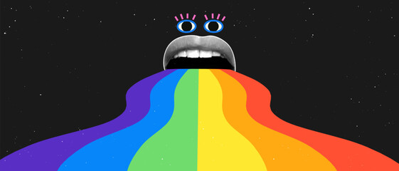 Women's lips with halftone effect in retro collage style. A rainbow emerges from the mouth in the form of a wavy ribbon.