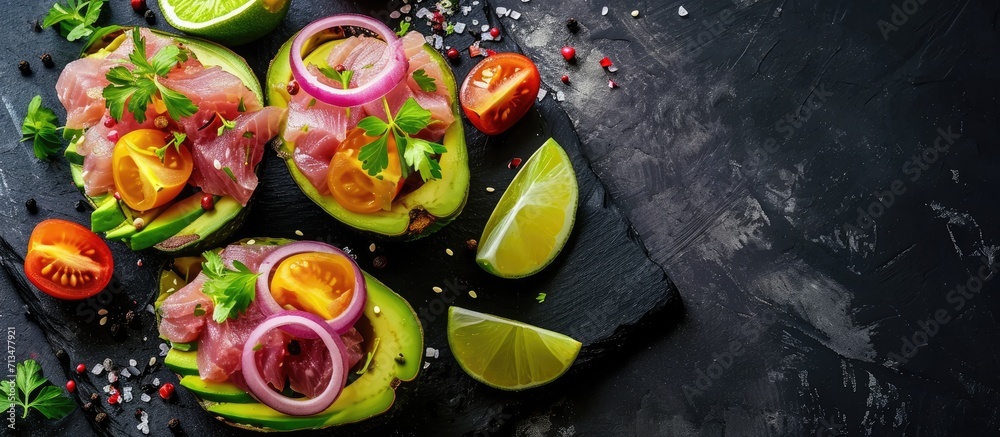 Poster Avocado boats stuffed with tuna red onion and cherry tomatoes. Copy space image. Place for adding text or design