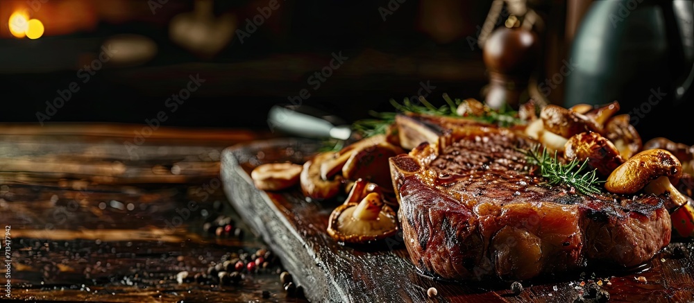 Poster Barbecue Tomahawk Steak with Mushrooms on Cutting Board. Copy space image. Place for adding text or design