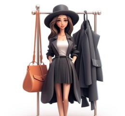 3d girl woman stylist on stoic background with clothes. Fashionable clothes.