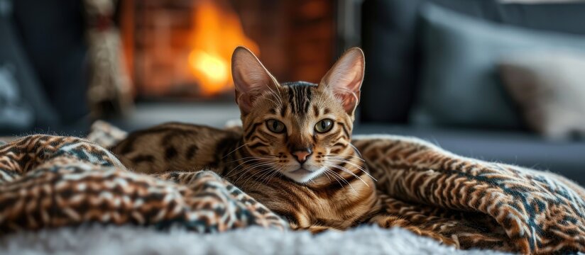 Bengal cat lies on a blanket and warms itself near the fireplace. Copy space image. Place for adding text or design