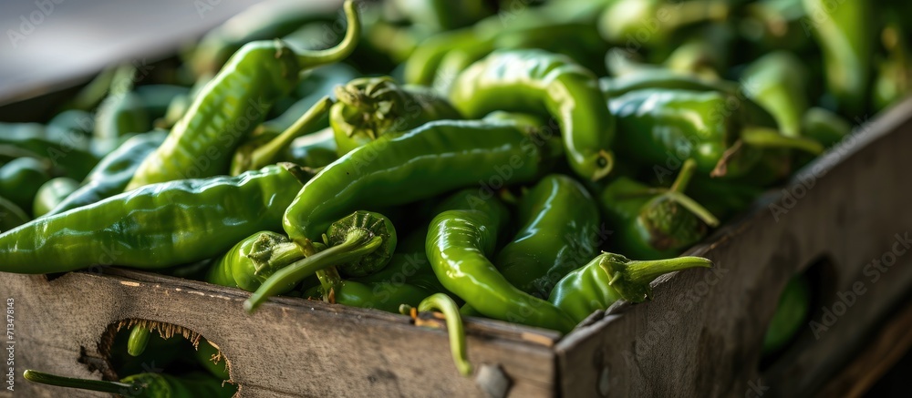 Poster a vertical closeup shot of a box full of green chili peppers also known as anaheim pepper. copy spac
