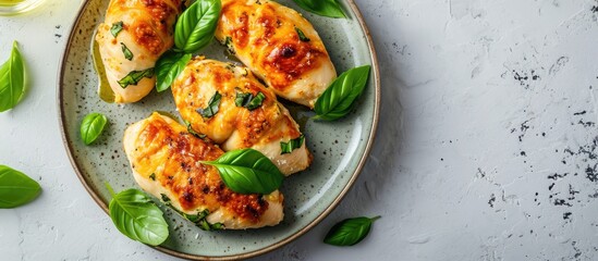 Baked chicken rolls with basil and cheese on plate Healthy lunch Keto diet Top view above. Copy space image. Place for adding text or design - obrazy, fototapety, plakaty