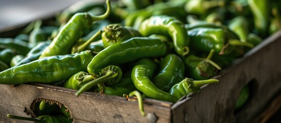 A vertical closeup shot of a box full of green chili peppers also known as Anaheim Pepper. Copy space image. Place for adding text or design - obrazy, fototapety, plakaty