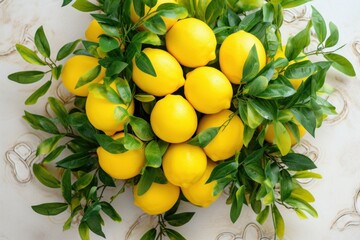  a bunch of lemons sitting on top of a white counter top next to a bunch of green leafy branches.