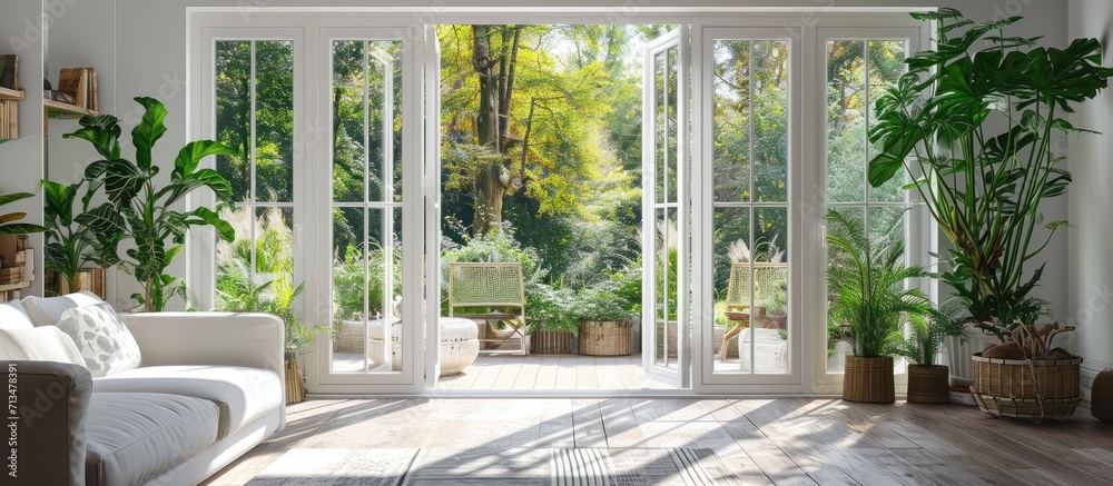Poster beautiful garden and patio in summer seen from stylish designer room through bifold doors. copy spac