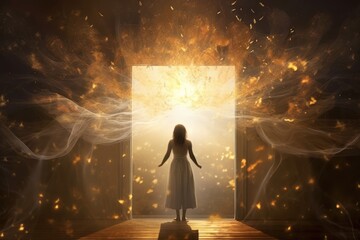  a woman in a white dress standing in front of an open door with a bright light coming out of it.