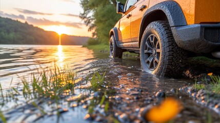 Orange suv by a lake at sunset, off-road adventure concept - obrazy, fototapety, plakaty