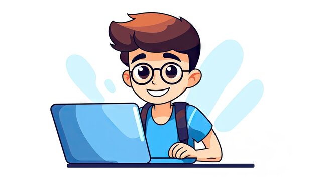 cartoon kid with a computer on a white background.
