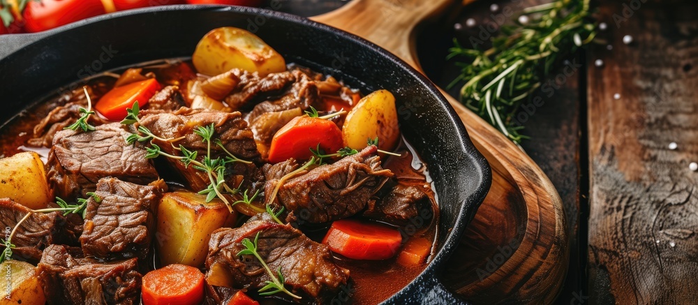 Poster Beef meat stewed with potatoes and carrots in cast iron pan close up view. Copy space image. Place for adding text or design