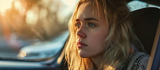 A young blonde sad woman is sitting behind the wheel of a car and holding her head in despair covering her eyes with her hand Side view Stress while driving a right hand drive car. Copy space image - obrazy, fototapety, plakaty