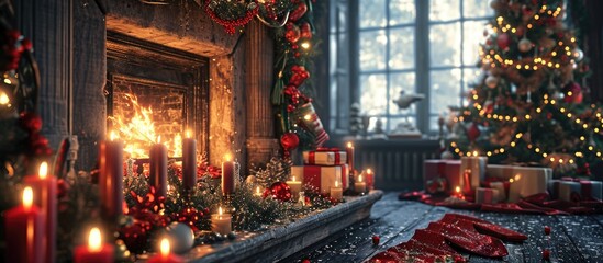 A romantic Christmas dinner table setting with candles and Christmas decorations A fire is burning in the fireplace and Christmas stockings are hanging on the mantelpiece. Copy space image - Powered by Adobe