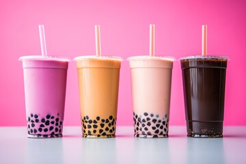  a row of three different colored cups with straws in each of them on a table against a pink background.