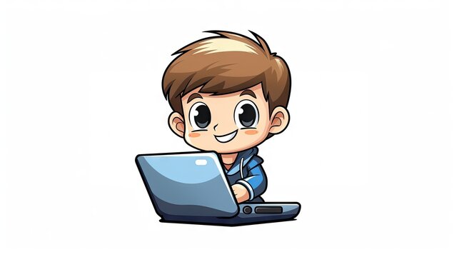 cartoon kid with a computer on a white background.