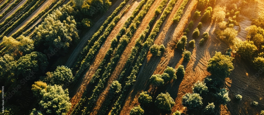 Fototapete aerial view even rows of fruit trees garden field agricultural production concept summer sunny day a