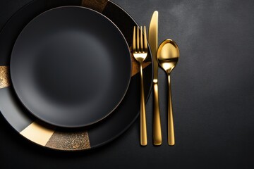  a black plate with gold trim and a black plate with gold trim and a black plate with gold trim and a black plate with gold trim.