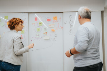 Businesspeople collaborate and brainstorm in a corporate office. Discussing statistics, market...
