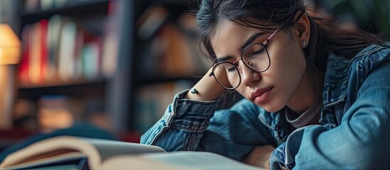 A student exhausted from the piled up of school homework and tedious study is learning by solving difficult problems with a tired look. Copy space image. Place for adding text or design - obrazy, fototapety, plakaty