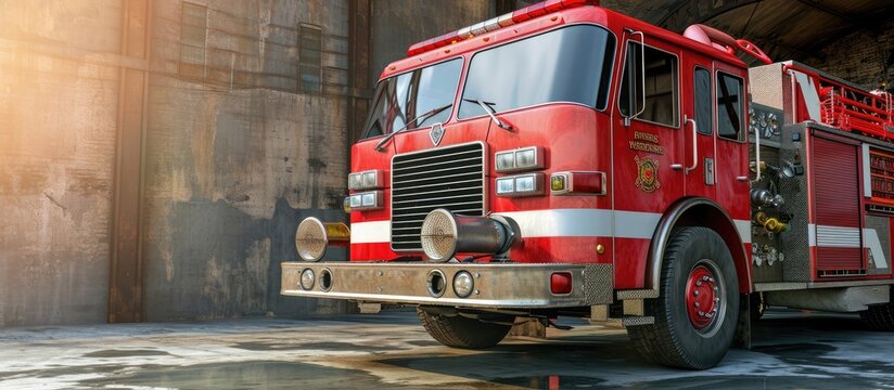Aerial view of fire engine truck a vehicle designed primarily for firefighting operations Modern vehicle will carry tools for a wide range of firefighting and rescue tasks. Copy space image